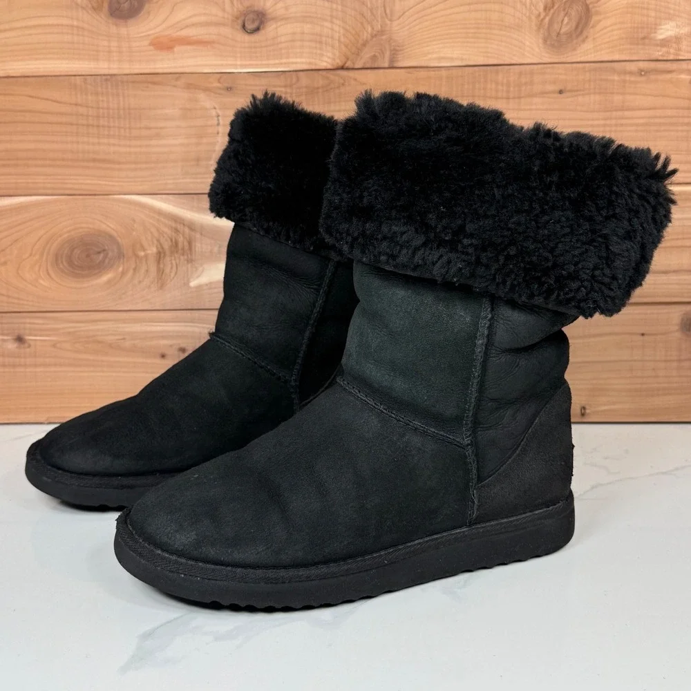 Black UGG Australia Tall Boots Sheepskin Fur Lined Fold‎ Over Cuff Women's 7